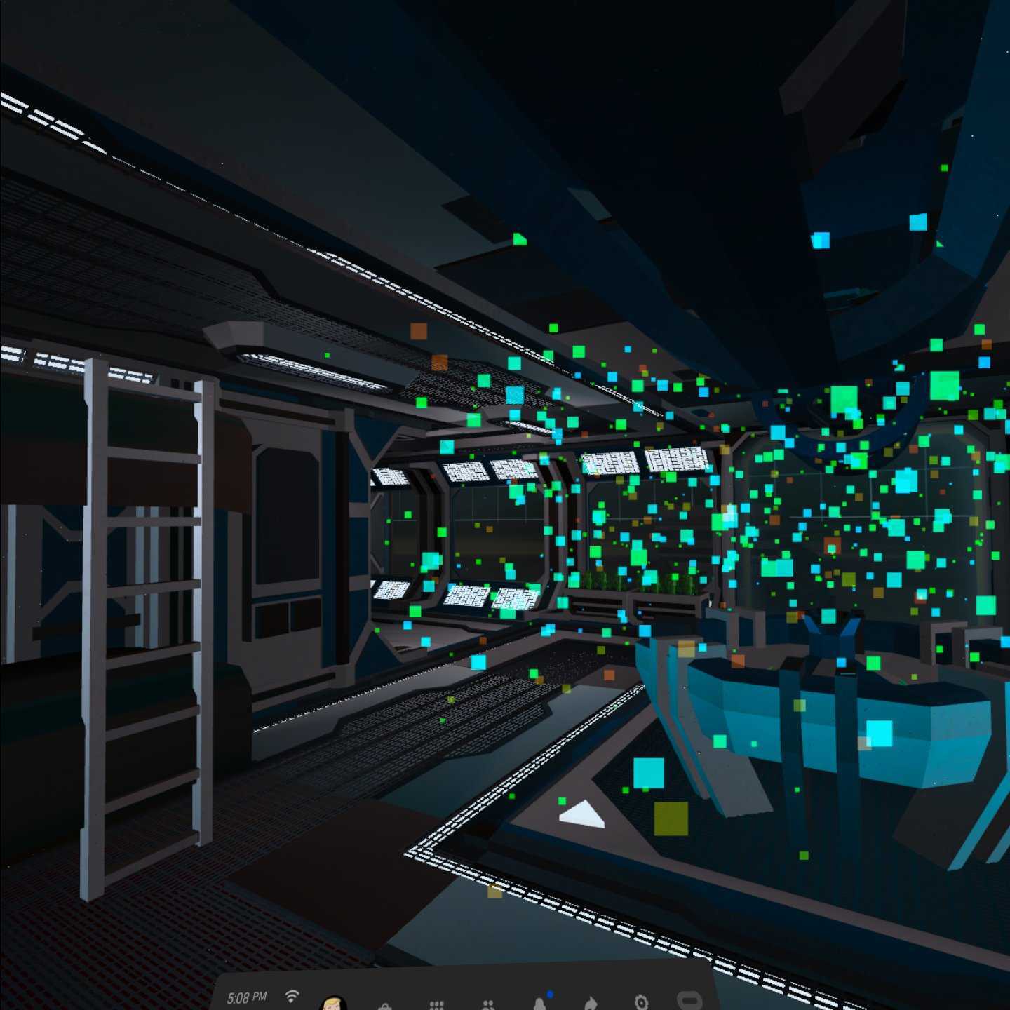 Screenshot from the game VR Room depicting a bed and hologram projector.